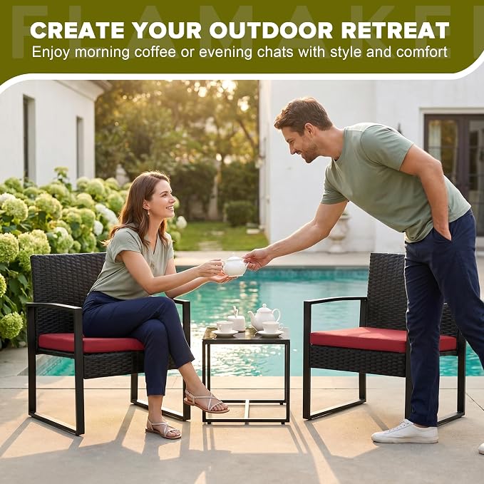 Flamaker 3 Pieces Wicker Patio Furniture Outdoor Modern Rattan Chair Conversation Sets with Coffee Table for Yard and Bistro (Red)