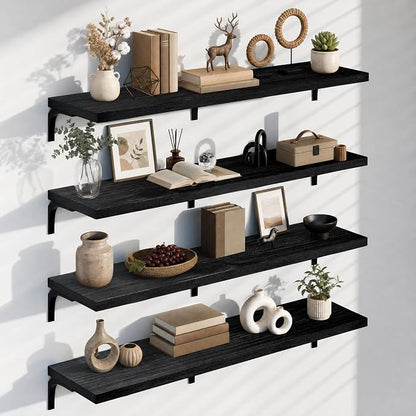 12 Inch Deep Floating Shelves Set of 4, 60 Inch Extra Wide Black Solid Wood Wall Shelves, 5ft Heavy Duty Farmhouse Wall Mounted Shelving for Kitchen, Living Room & Bedroom