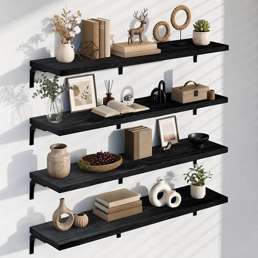 12 Inch Deep Floating Shelves Set of 4, 60 Inch Extra Wide Black Solid Wood Wall Shelves, 5ft Heavy Duty Farmhouse Wall Mounted Shelving for Kitchen, Living Room & Bedroom