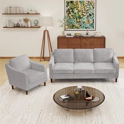 Kingfun Couch Sets for Living Room, 3 Seater Couch and Armchair, Mid Century Modern Sofa Set, Chenille Couch with Solid Wood Frame for Bedroom