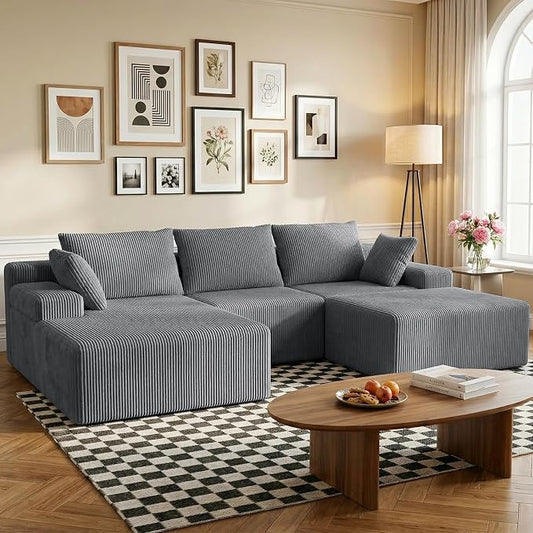 kinmars 108" Boneless Sectional Couch,Corduroy Cloud Couch Sectional for Living Room,Modern U Shaped Modular Sectional Couch,3 Seater Sofa (Dark Gray, 108.9" U Shaped with Ottoman)