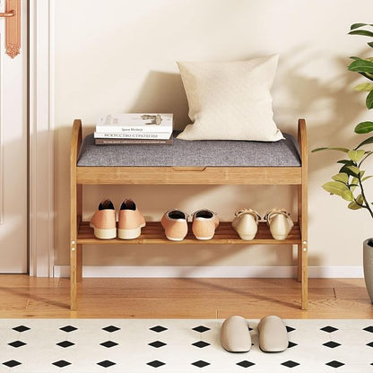 Giantex Shoe Bench with Flip-Top Storage, Bamboo 2-Tier Entryway Bench with Padded Cushion, Shoe Rack Bench for Hallway, Closet, Foyer, Living Room, Bedroom, Mudroom (with Flip-Top Storage)