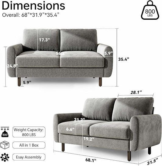 Ihanherry 68" Loveseat Sofa, Modern 2-Seat Couch, Mid Century Sofa, Comfy Chenille Deep Seat Couch for Living Room, Bedroom, Office, Apartment, Gray
