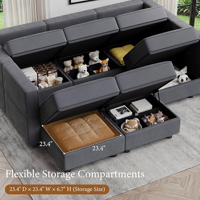 Vesgantti Sectional Couches with Storage Seats, 118" L Shaped Convertible Modular Sectional Sofa, 4 Seat & 2 Ottomans Velvet Storage Chaises Deep Seat Couch for Living Room, Bedroom, Apartment, Gray