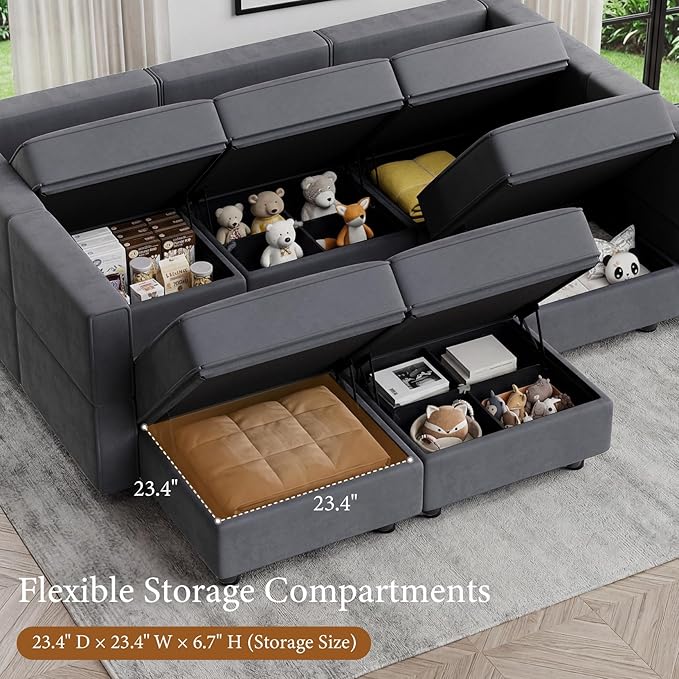 Vesgantti Sectional Couches with Storage Seats, 118" L Shaped Convertible Modular Sectional Sofa, 4 Seat & 1 Ottoman Velvet Storage Chaises Deep Seat Couch for Living Room, Bedroom, Apartment, Gray