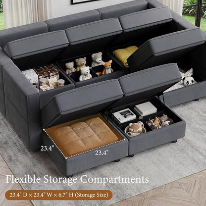 Vesgantti Sectional Couches with Storage Seats, 92" V Shaped Convertible Modular Sectional Sofa, 5 Seat & 1 Ottoman Velvet Storage Chaises Deep Seat Couch for Living Room, Bedroom, Apartment, Gray
