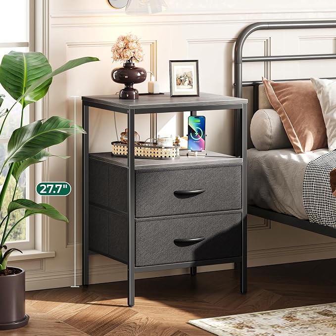 Huuger Night Stand with Charger Station, 27.7 Inch Tall Nightstand, Bed Side Table with 2 Fabric Drawers, Fabric Drawer Dresser for Bedroom, Living Room, Grey