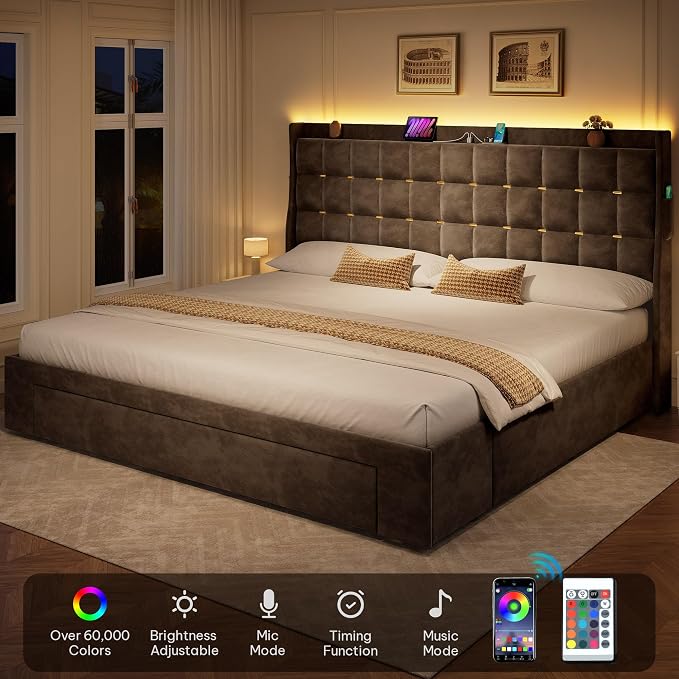 DWVO King Size Bed Frame with 3 Storage Drawers and RGB LED Lights, Velvet Upholstered Bed with Charging Station and Storage Headboard, No Box Spring Needed, Easy Assembly, Noise-Free, Grey