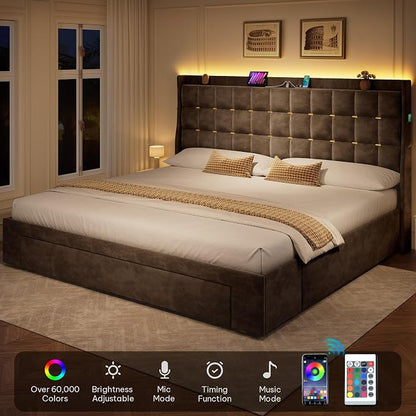 DWVO King Size Bed Frame with 3 Storage Drawers and RGB LED Lights, Velvet Upholstered Bed with Charging Station and Storage Headboard, No Box Spring Needed, Easy Assembly, Noise-Free, Grey