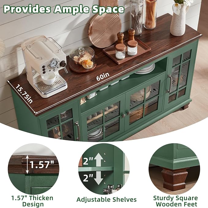 SAVOR LIFE Large Sideboard Buffet Cabinet with Storage,Vintage Green 60" Wide Coffee Bar Cabinet with Glass Doors & Wood Legs,Kitchen Credenza Accent Cabinets for Dining Room, Living Room