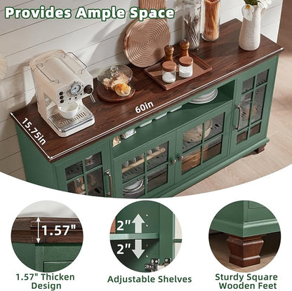 SAVOR LIFE Large Sideboard Buffet Cabinet with Storage,Vintage Green 60" Wide Coffee Bar Cabinet with Glass Doors & Wood Legs,Kitchen Credenza Accent Cabinets for Dining Room, Living Room