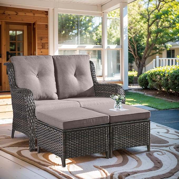Outdoor Loveseat Sofa - 3 Piece Patio Furniture with Ottoman Deep Seating Patio Couch for Porch Deck Garden Backyard - Brown/Grey