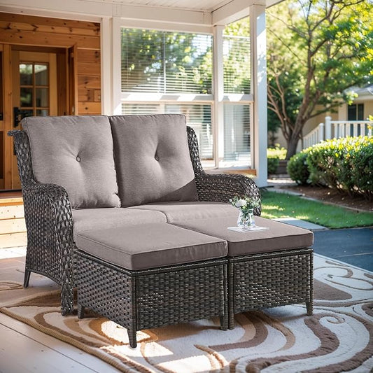 Outdoor Loveseat Sofa - 3 Piece Patio Furniture with Ottoman Deep Seating Patio Couch for Porch Deck Garden Backyard - Brown/Grey