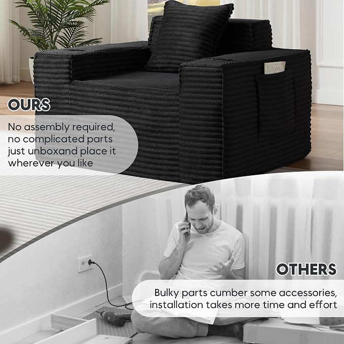 Boneless Sofa Couch with Cup Holders & Side Pockets, Modern Corduroy Fabric Deep Seat Single Cloud Couch for Reading Living Room Office, No Assembly (Black)