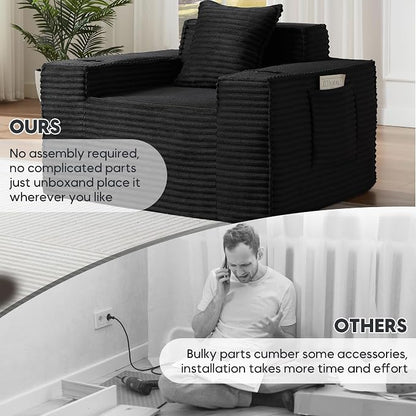 Boneless Sofa Couch with Cup Holders & Side Pockets, Modern Corduroy Fabric Deep Seat Single Cloud Couch for Reading Living Room Office, No Assembly (Black)