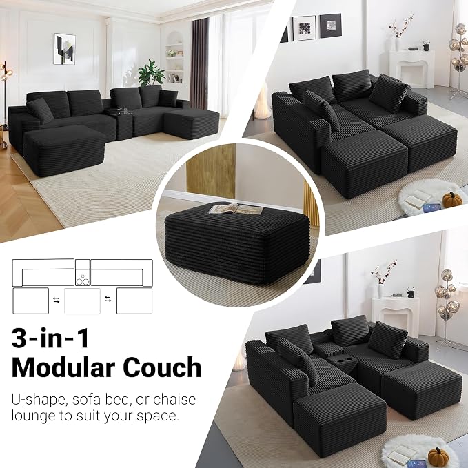 ivoros 150 Inch Modular Sectional Sofa Couch, Oversized Modern Cloud Couch for Living Room, U Shape Couches with 2 Ottomans, USB Ports and Cup Holders, Black Corduroy Boneless Sofas, Sofa in a Box