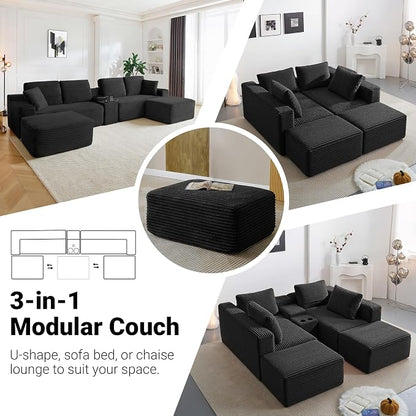 ivoros 150 Inch Modular Sectional Sofa Couch, Oversized Modern Cloud Couch for Living Room, U Shape Couches with 2 Ottomans, USB Ports and Cup Holders, Black Corduroy Boneless Sofas, Sofa in a Box