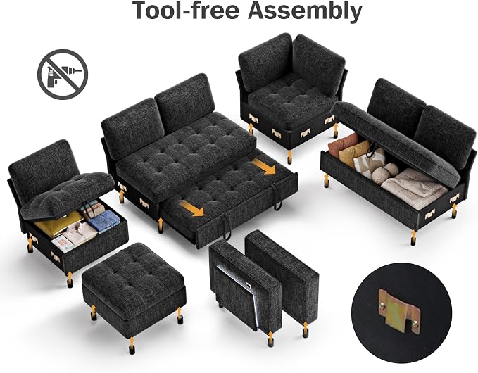 Vipbear 7 Seat L Shaped Modular Sectional Sleeper Sofa Bed with Ottoman/Pull Out Bed/Reclining Backrest/USB Ports/Table/LED Light/Storage Seat, Tool-Free Assembly, Chenille Black