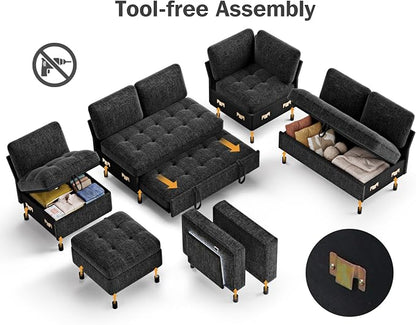 Vipbear 7 Seat L Shaped Modular Sectional Sleeper Sofa Bed with Ottoman/Pull Out Bed/Reclining Backrest/USB Ports/Table/LED Light/Storage Seat, Tool-Free Assembly, Chenille Black