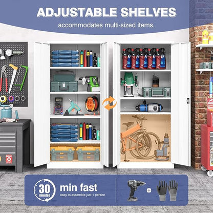 Metal Storage Cabinet with Lock,Lockable Garage Cabinet with 2 Doors and 5 Adjustable Shelves,Tall Steel Cabinets for Garage,Workshop,Gym,School