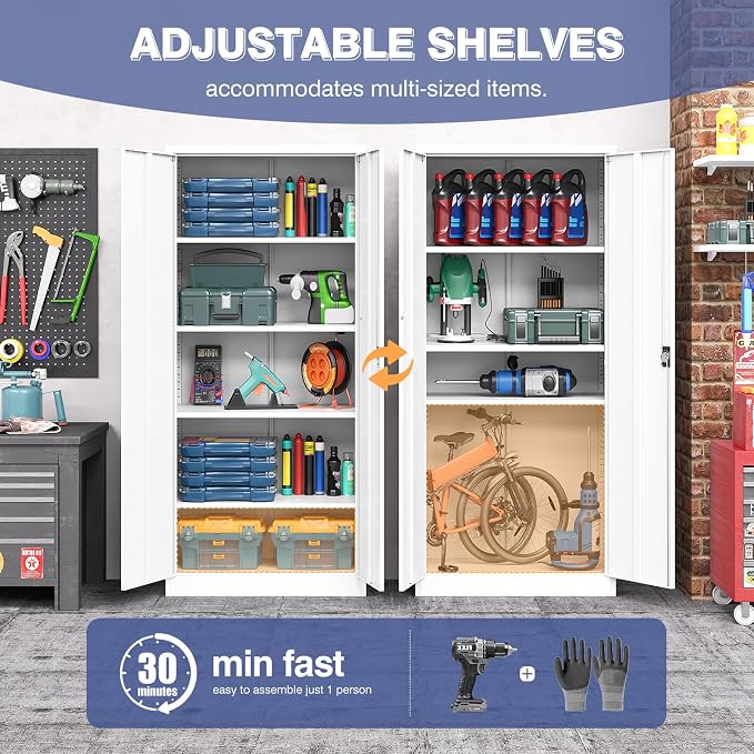 Metal Cabinet,71" Lockable Storage Cabinet with 2 Doors and 5 Adjustable Shelves,Tall Steel Cabinets for Garage,Home Office,Basement,School,Hospital(White)
