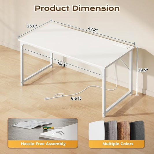 PRAISUN 47 X 24 Inch Deeper Desk with Power Outlets | Computer Desk for Bedroom, Office Desk for Work from Home, Writing Study Gaming Table, Stable Metal Frame, White