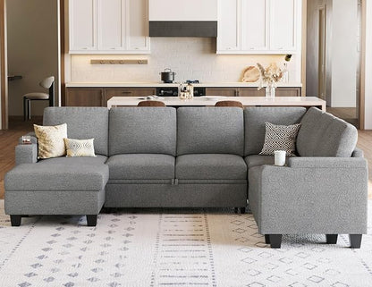 Belffin Sleeper Sofa Modular Sectional Pull Out Couch Bed U Shaped Sofa Couch for Living Room with Storage Chaise. Light Gery