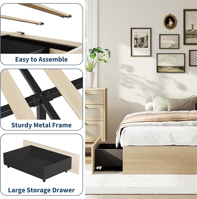 Garvee Twin Bed Frame with 2 Storage Drawers, Wood Platform Floor Bed Frame Without Headboard, Wood Slat Support, No Box Spring Needed, Easy Assembly