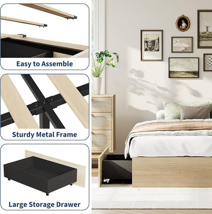 Garvee Twin Bed Frame with 2 Storage Drawers, Wood Platform Floor Bed Frame Without Headboard, Wood Slat Support, No Box Spring Needed, Easy Assembly