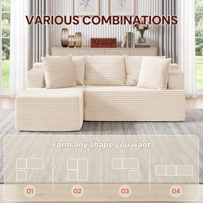 Korser Boneless Couches for Living Room, Cloud Couch Sectional with Ottoman, L-Shaped Sofa with Fluffy Comfy Corduroy Deep Seat, Bedroom, Apartment, No Assembly Required