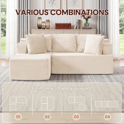 Korser Boneless Couches for Living Room, Cloud Couch Sectional with Ottoman, L-Shaped Sofa with Fluffy Comfy Corduroy Deep Seat, Bedroom, Apartment, No Assembly Required
