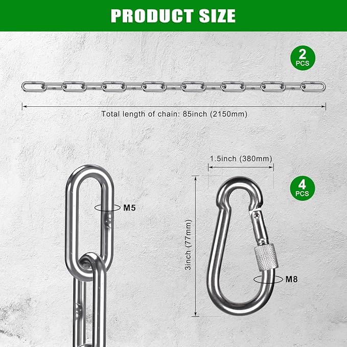 BeneLabel 2Pcs 85" (7ft) Heavy Duty Swing Chain Stainless Steel Hanging Chains with Hooks 1000 LBs Capacity Porch Swing Chain for Hammock, Swingset, Hanging Chair, Swings Chair, Heavy Bags