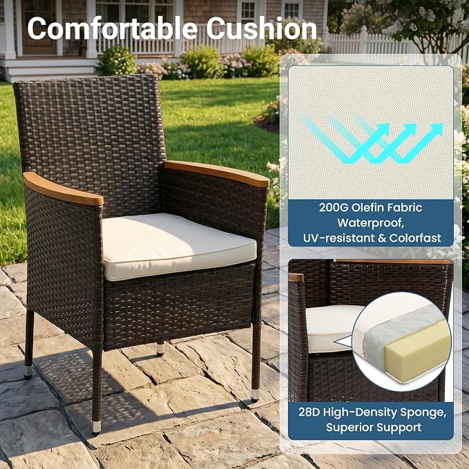 Wisteria Lane 10-Pieces Outdoor Patio Table and Chairs, Rattan Patio Table Set with Acacia Wood Tabletop, Patio Dining Furniture Set for 8 with Removable Cushions for Deck Garden Backyard, Brown