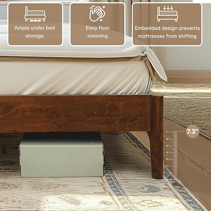 Acacia Haven King Size Bed Frame and Headboard, King Size Platform Bed Frame Scandinavian Wood Bed Compatible with All Mattress Types, 800 lbs Capacity Wood Slats Support, Walnut.
