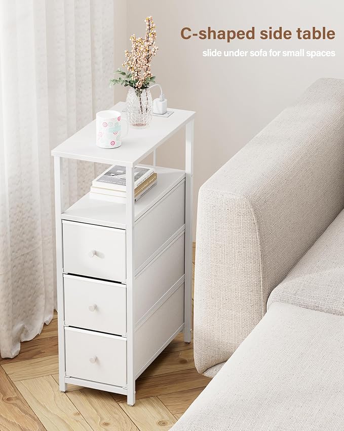 TUTOTAK Narrow Night Stand with Charging Station, Slim End Table with Plugins, Tall Side Table with 3 Fabric Drawer, Small Bedside Table with Storage, Set of 2, Living Room, Bedroom, White TB01BW073