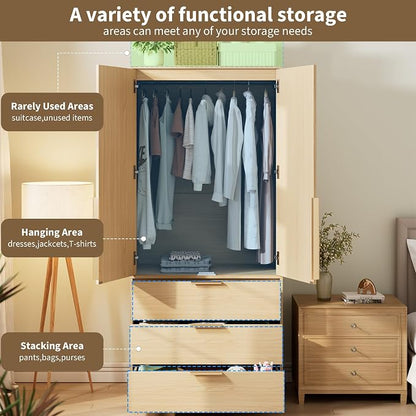 Garvee 70" Wardrobe Armoire Wooden Closet with 2 Doors and 3 Drawers, Bedroom Armoire with Hanging Rod Shelf, Large Capacity Storage Wardrobe Armoire, Freestanding Wooden Closet Storage Cabinet