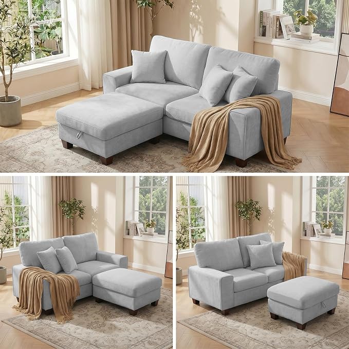 DOPEDIO L-Shaped Sectional Sofa with Storage Ottoman, Modern Chenille Recliner Loveseat, Removable Couch Covers, Pocket Spring Cushions, Solid Wood Frame, Easy to Install (71.25inch, Light Gray)