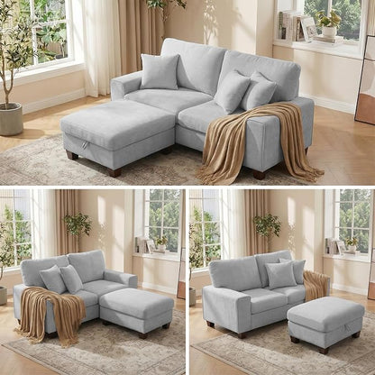 DOPEDIO L-Shaped Sectional Sofa with Storage Ottoman, Modern Chenille Recliner Loveseat, Removable Couch Covers, Pocket Spring Cushions, Solid Wood Frame, Easy to Install (71.25inch, Light Gray)