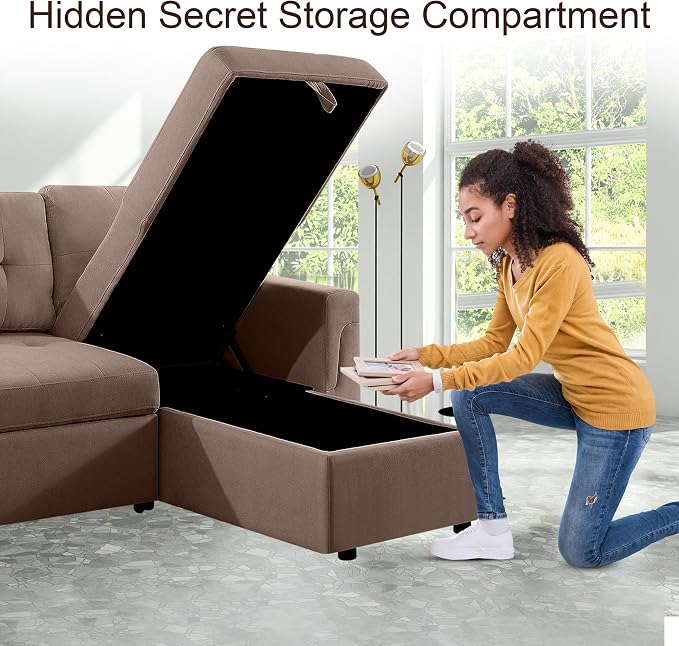 Naomi Home 84" L-Shaped Sectional Sleeper Sofa with Pull Out Bed | Sleeps Guests Comfortably, Stores Essentials in Chaise & Saves Space, Velvet, Mocha Convertible Sofa Bed