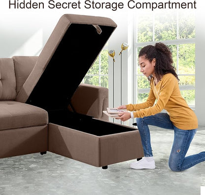 Naomi Home 84" L-Shaped Sectional Sleeper Sofa with Pull Out Bed | Sleeps Guests Comfortably, Stores Essentials in Chaise & Saves Space, Velvet, Mocha Convertible Sofa Bed