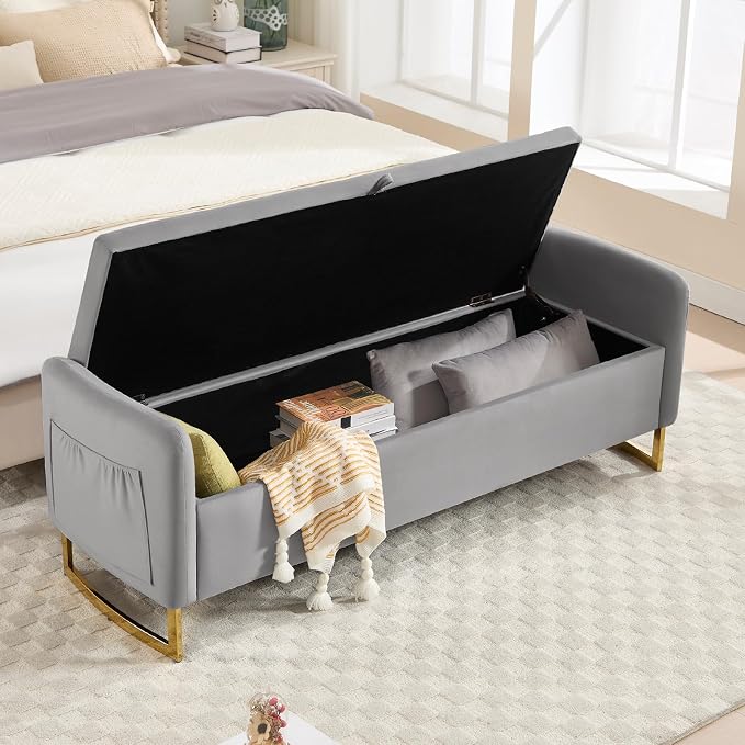 65" End of Bed Storage Bench, Storage Bench for Bedroom with Tufted Button Upholstered and Gold Legs, Ottoman Bedroom Benches with Armrests for Living Room Window, Light Grey