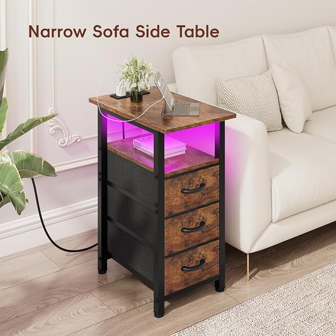 Vagusicc Nightstand with Charging Station and LED Lights, Narrow End Table, LED Night Stand with 3 Fabric Drawers for Bedroom, Small Bedside Table, Narrow Side Table for Small Spaces, Rustic Brown