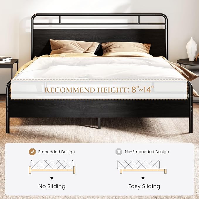SHA CERLIN King Size Bed Frame with Vintage Industrial Wood Headboard, Heavy Duty Metal Platform with 12" Under-Bed Storage, Mattress Foundation, No Box Spring Needed, Noise-Free, Easy Assembly, Black
