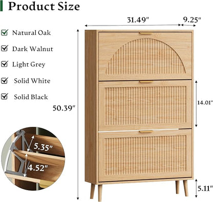 Xixini Shoe Storage Cabinet with 3 Flip Drawers, 50" Tall Narrow Wood Fluted Shoe Organizer for Entryway, Freestanding Wooden Hidden Slim Shoe Rack for Front Door Entrance, Hallway, Foyer, Natural Oak