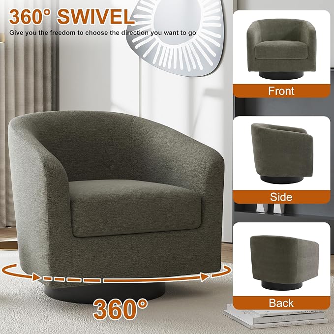 Swivel Accent Chairs Set of 2, Chenille Barrel Chair Upholstered Armchair for Living Room, Modern Round Arm Chair Small Single Sofa Bedroom Reading Seat - Tan