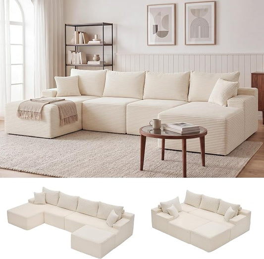 Mangodan 118'' Cloud Sectional Couch, U Shaped Boneless Couches for Living Room, Modular Sectional Sofa with Deep Seat Light Facing Chaise, Comfy Cloud Couch Sofa, Beige