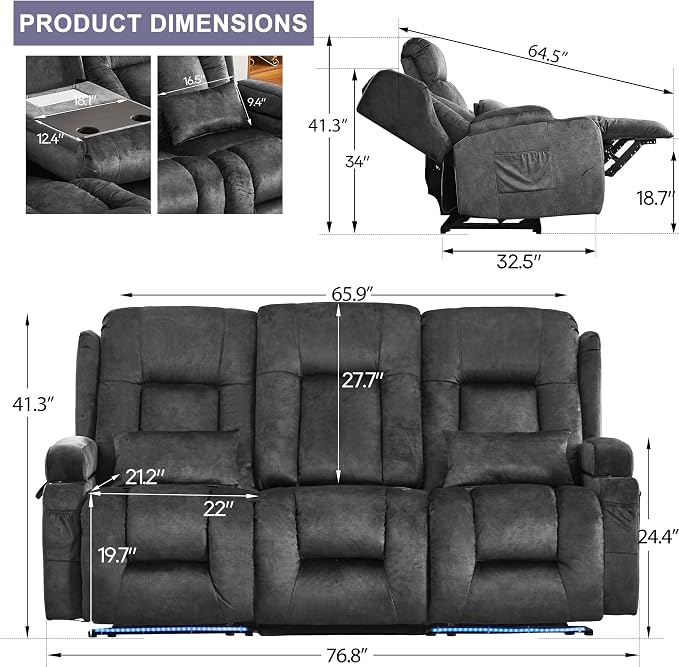 URRED Power Loveseat Recliner Sofa with Massage and Heat, Wall Hugger Reclining Loveseat with Console, RV Couch Home Theater Seating with LED Lights for Living Room (Brown, 76.8" - 3 Seats)