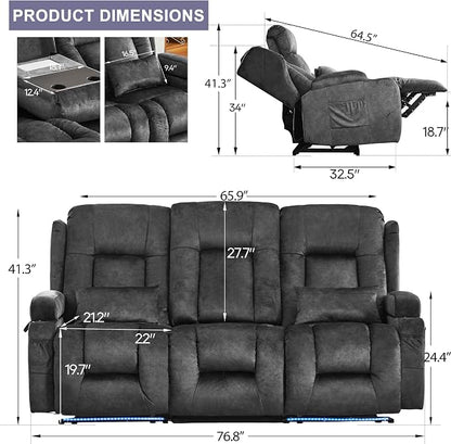 URRED Power Loveseat Recliner Sofa with Massage and Heat, Wall Hugger Reclining Loveseat with Console, RV Couch Home Theater Seating with LED Lights for Living Room (Brown, 76.8" - 3 Seats)