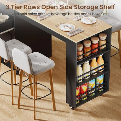 Expandable Kitchen Island with Storage Drawer and Wheels, Black | Rubberwood top expands 48.4"-82.6". Spacious drawer, 2 cabinets, 2 shelves, spice rack & towel bar. Lockable casters.