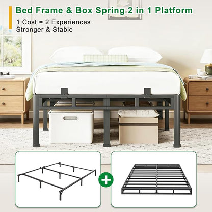 ROIL 18 Inch Queen Bed Frame, Double Layer Metal Bed Frame with Round Corner Legs, 4000LBS Bed Frame & Box Spring 2 in 1 Platform with Headboard Holes Mattress Baffles, Noise-Free Easy Assembly